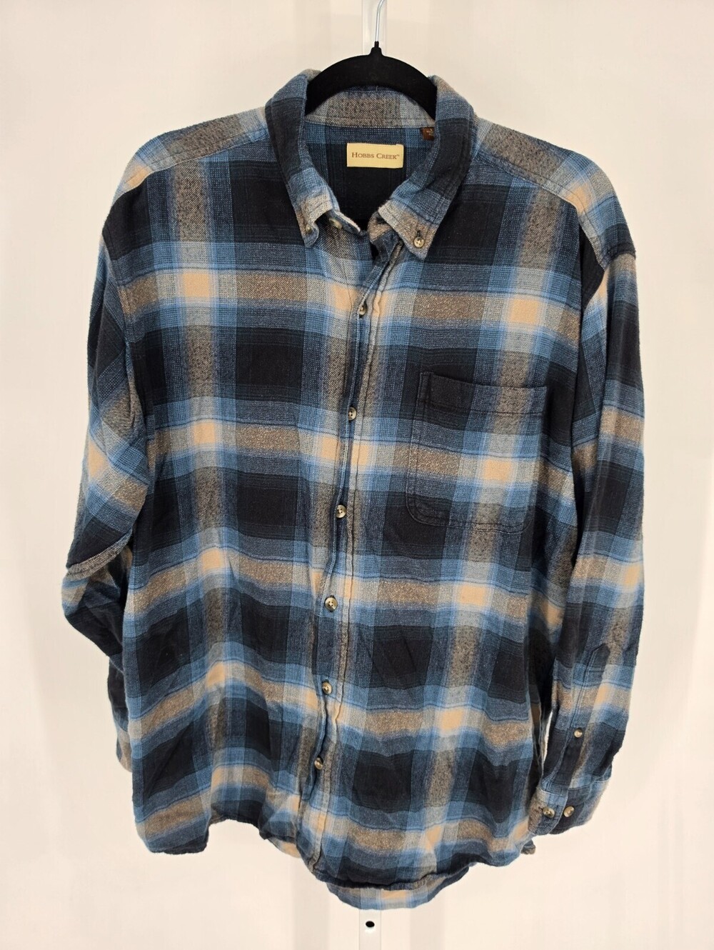 Hobbs Creek Mens Sz L Long Sleeve Button Up Plaid Flannel Shirt Blue Gray
